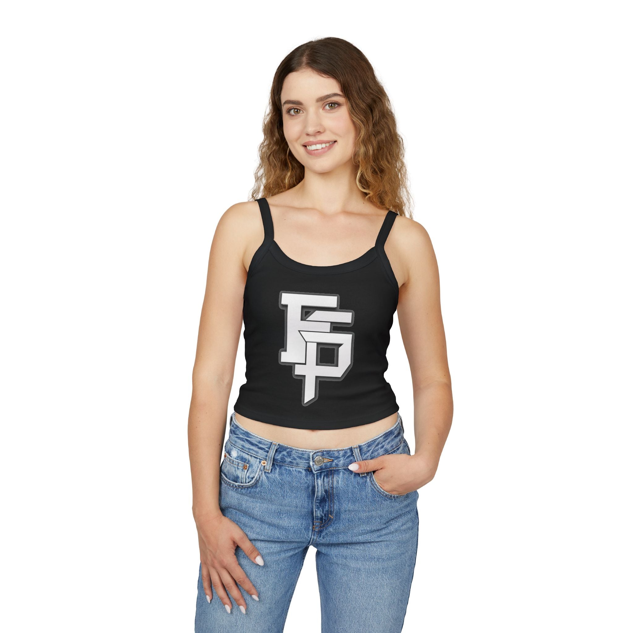 FSP Women's Black Spaghetti Strap Tank Top with Silver 3D FSP Logo