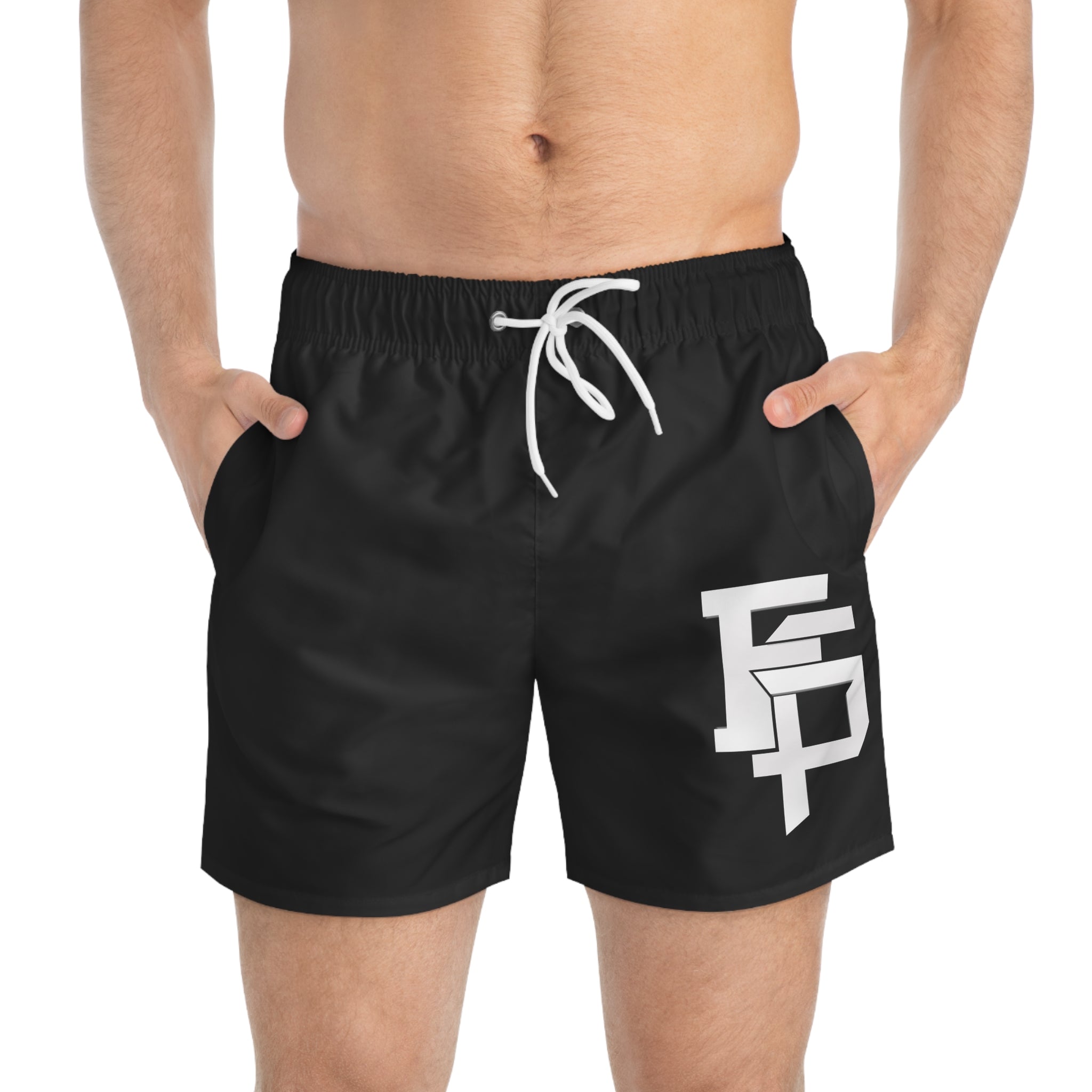 Black Logo Swim Trunks — Minimal Monogram Beach Shorts
