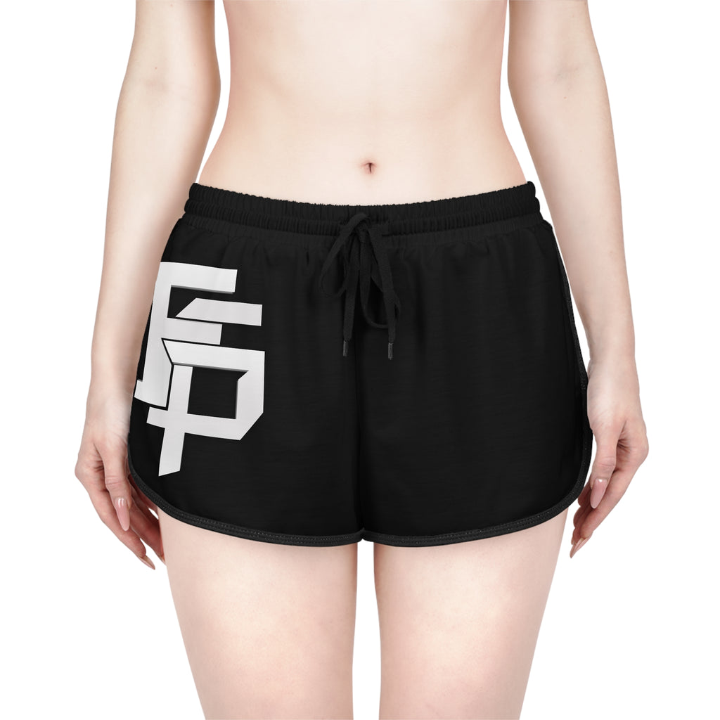 FSP Black Athletic Women’s Relaxed Shorts with Bold White Monogram — Casual Gym & Loungewear