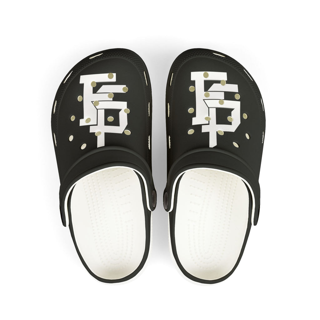 Kids Black EVA Foam Clogs with Geometric Logo — Lightweight Slip-On Sandals