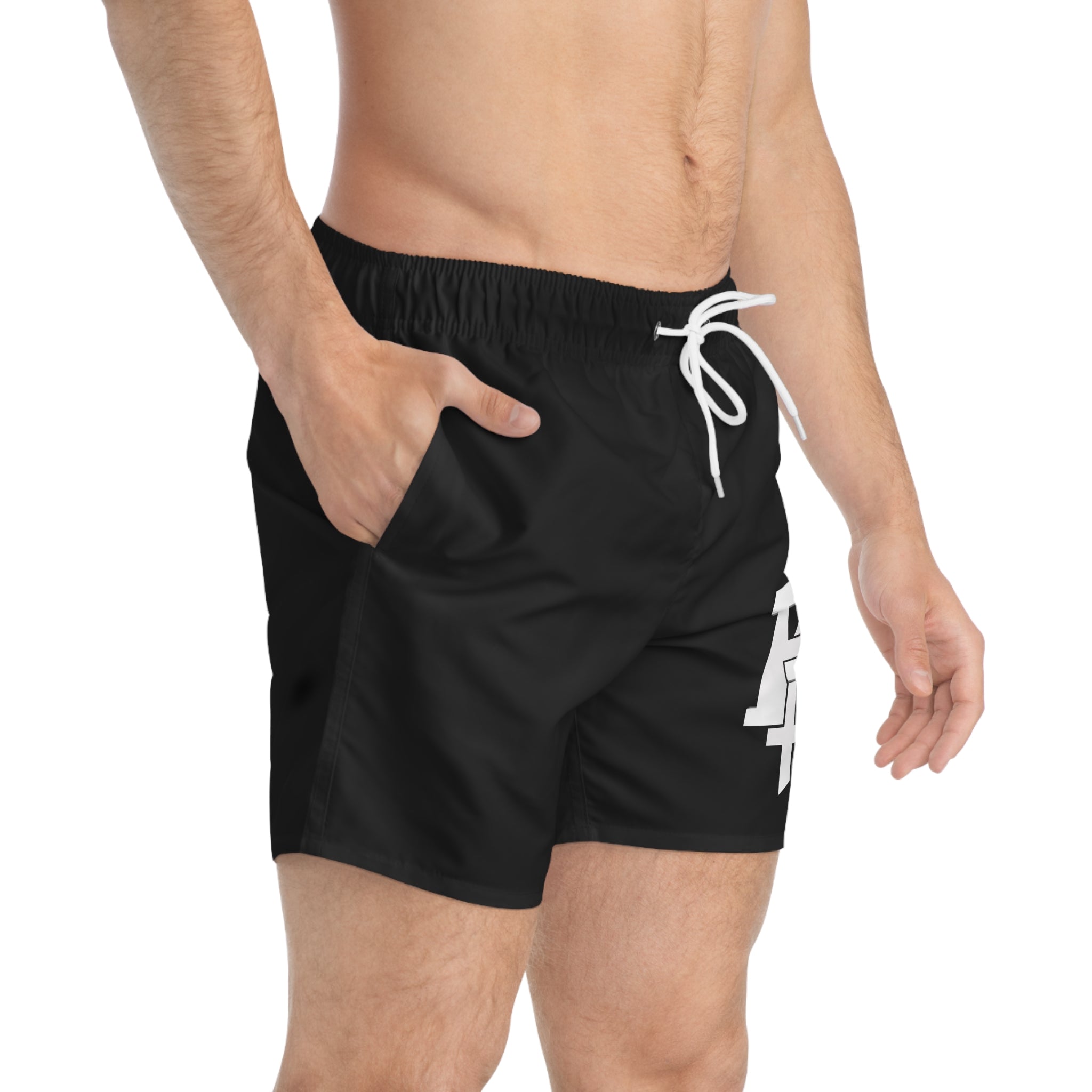 Black Logo Swim Trunks — Minimal Monogram Beach Shorts