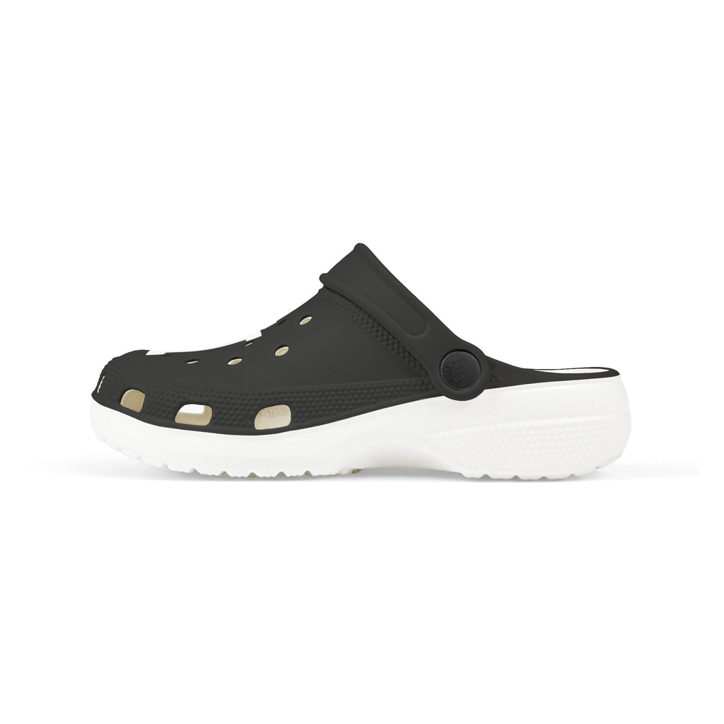 Kids Black EVA Foam Clogs with Geometric Logo — Lightweight Slip-On Sandals