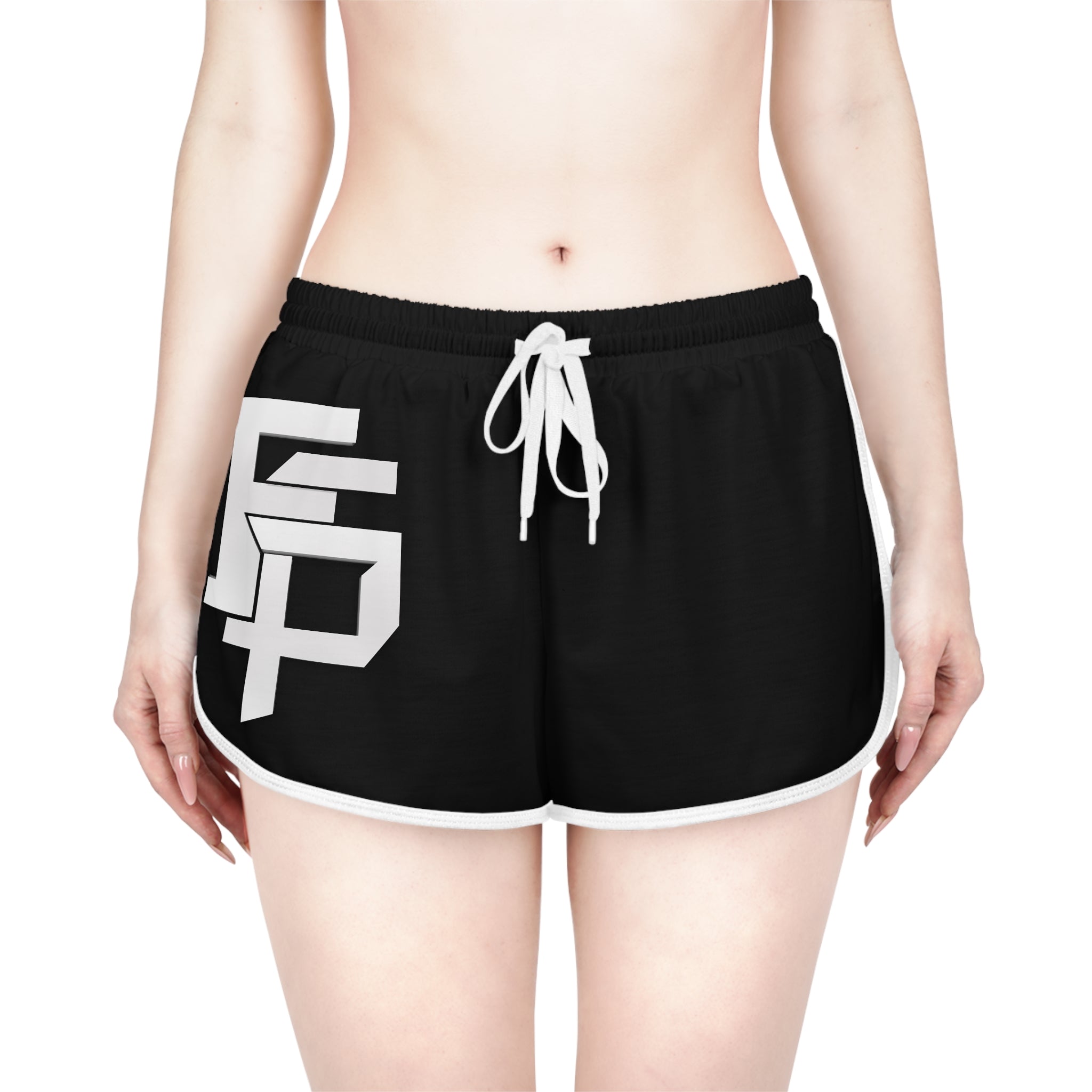 FSP Black Athletic Women’s Relaxed Shorts with Bold White Monogram — Casual Gym & Loungewear