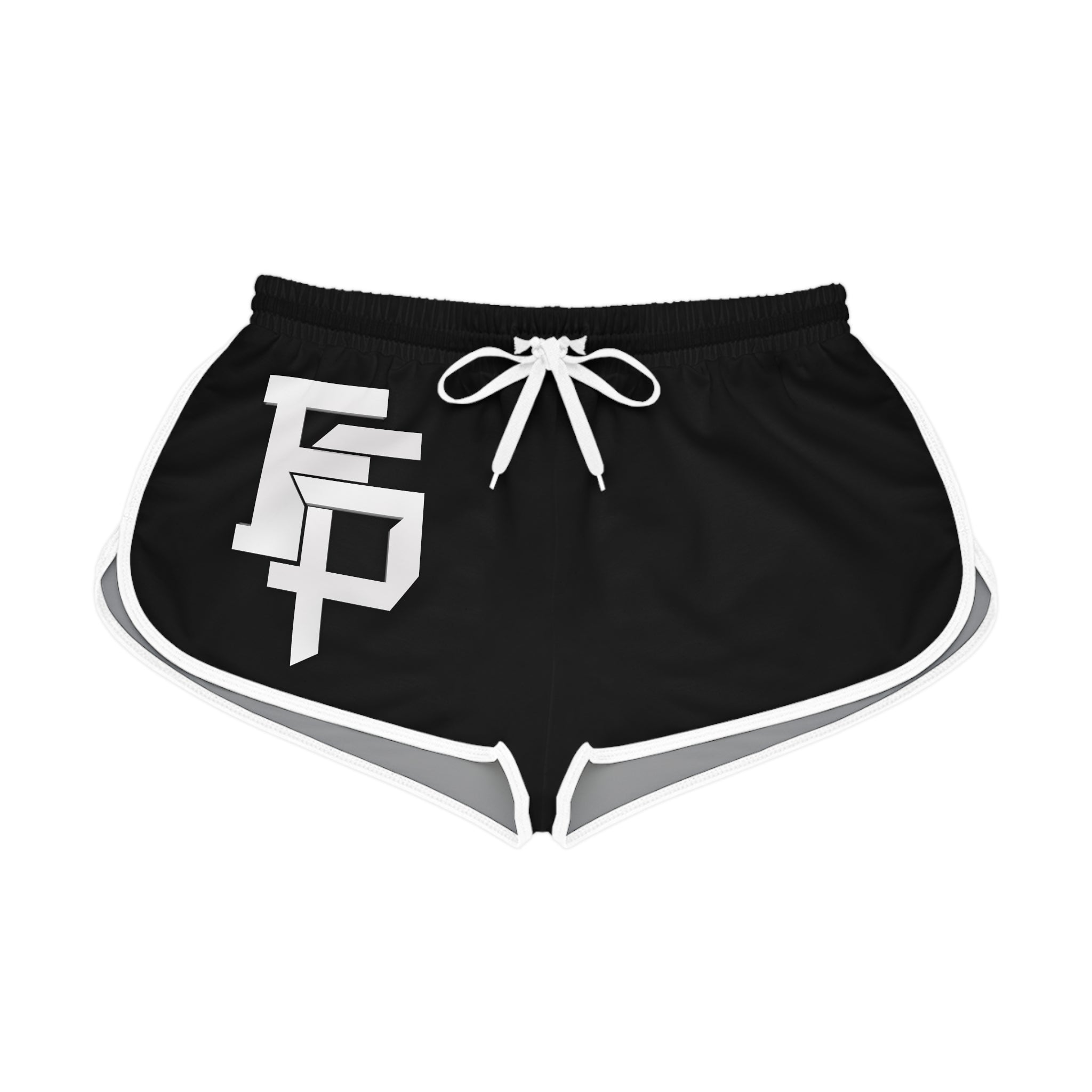 FSP Black Athletic Women’s Relaxed Shorts with Bold White Monogram — Casual Gym & Loungewear